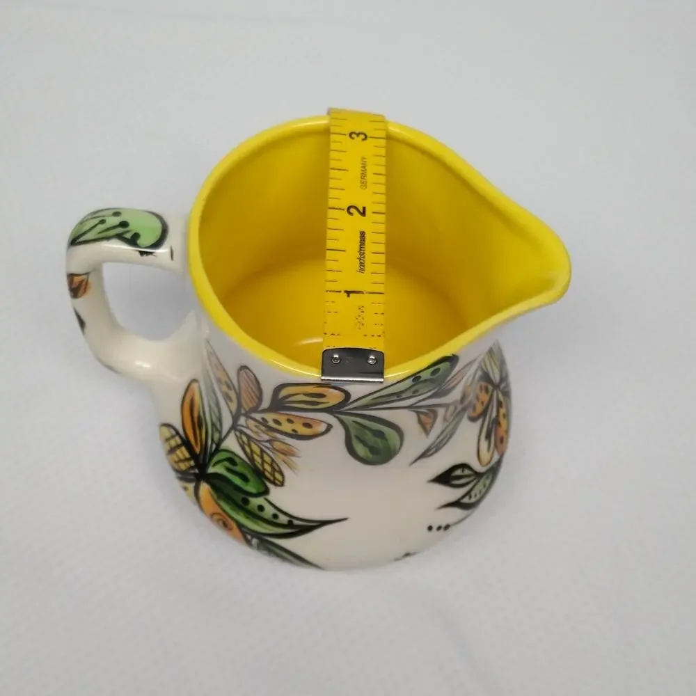 Studio Pottery Creamer Pitcher 1980 Vintage Pour Serveware Yellow Botanical 4